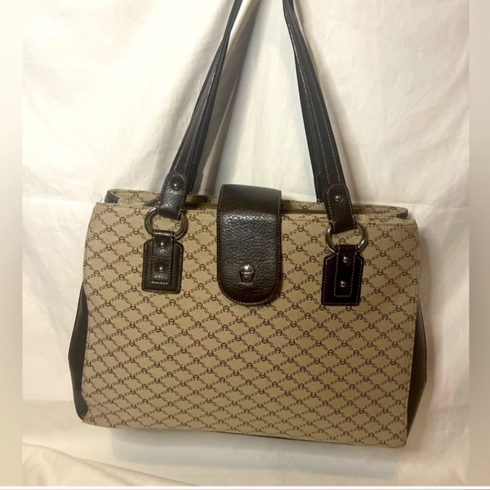 Etienne Aigner Beige Monogram Tote with Dark Brown Trim